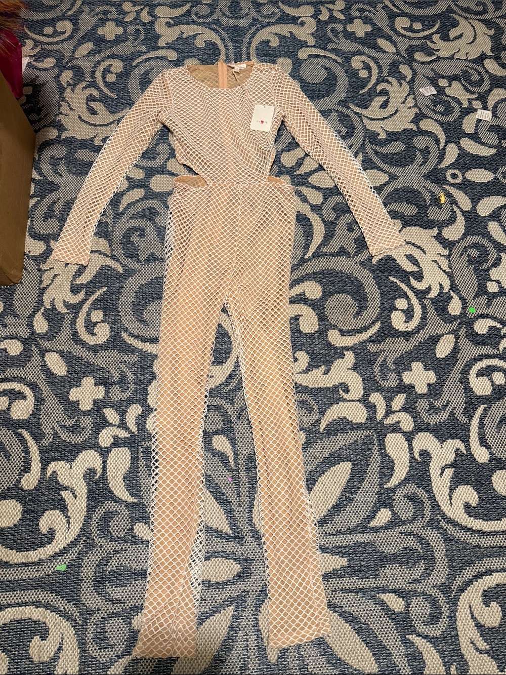 L'ATISTE Nude Beige Fishnet Long Sleeve Jumpsuit yacht vacation club whimsical